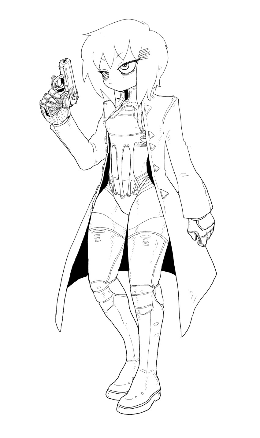 1girl :&lt; absurdres armored_gloves bags_under_eyes bodysuit bodysuit_under_clothes boots breasts buttons closed_mouth coat commentary_request doe774 full_body gloves greyscale gun hair_ornament hairclip half-closed_eyes hand_up handgun highres holding holding_gun holding_weapon knee_boots lineart looking_ahead marie_(peripeteia) medium_hair monochrome open_clothes open_coat p-64 peripeteia popped_collar ringed_eyes sanpaku serious simple_background small_breasts solo standing three_quarter_view trench_coat triangle_button trigger_discipline tsurime weapon white_background