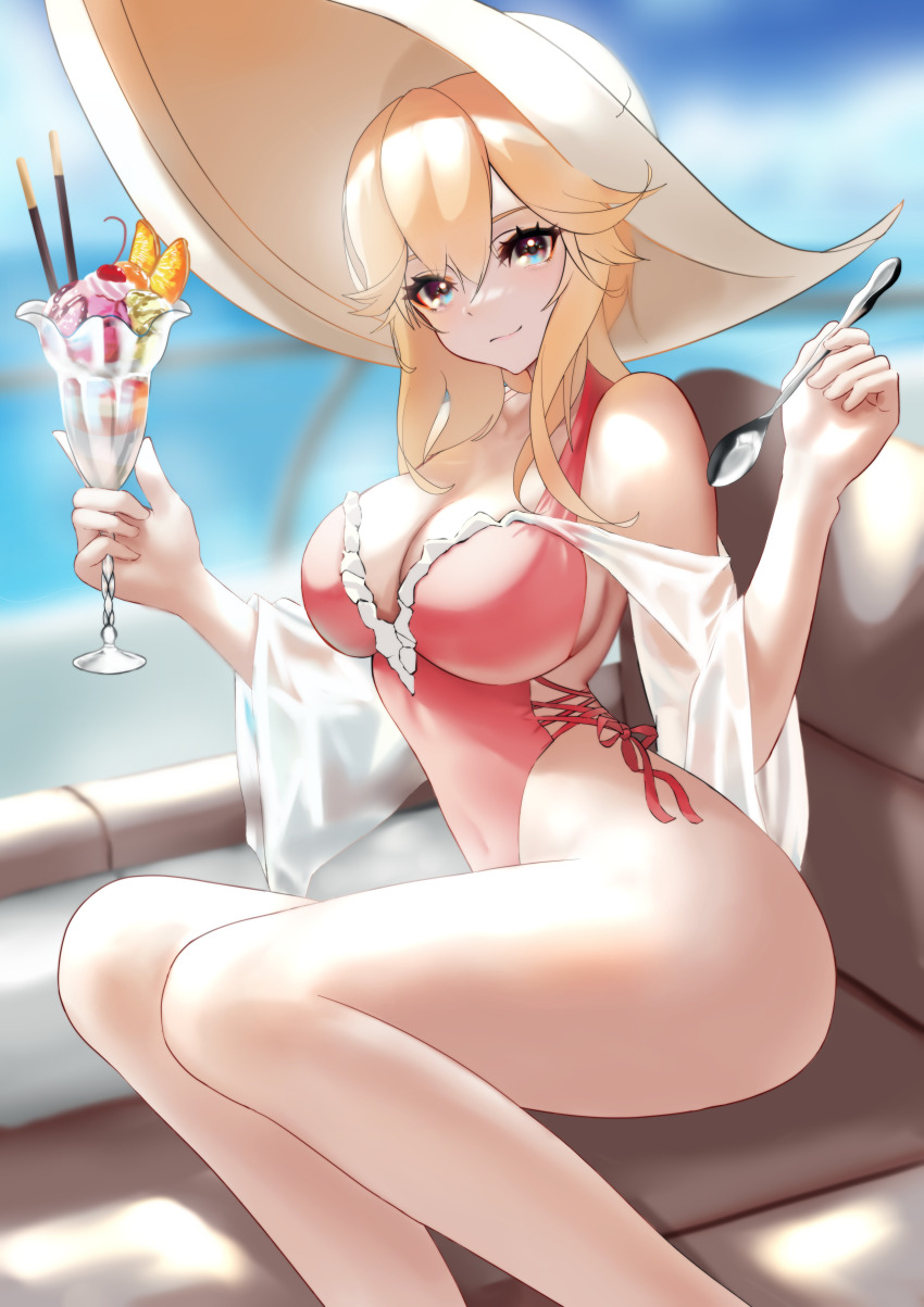 1girl absurdres azur_lane backless_swimsuit bare_shoulders blonde_hair blue_eyes breasts cleavage commentary cross-laced_clothes cross-laced_one-piece_swimsuit feet_out_of_frame food frilled_one-piece_swimsuit frills from_side hair_between_eyes highleg highleg_one-piece_swimsuit highres holding holding_spoon isonun large_breasts long_hair looking_at_viewer official_alternate_costume one-piece_swimsuit parfait pink_one-piece_swimsuit red_eyes richelieu_(azur_lane) richelieu_(fleuron_of_the_waves)_(azur_lane) side-tie_swimsuit solo spoon swimsuit