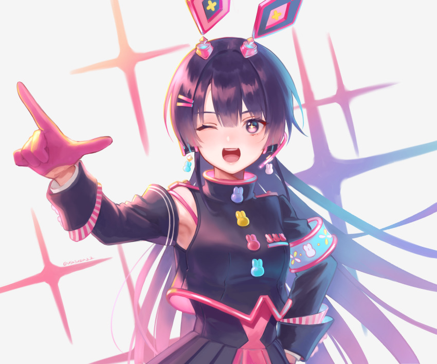 +_+ 1girl :d absurdres animal_ears armband armpit_peek black_hair black_shirt black_skirt black_sleeves blue_armband breasts commentary_request detached_sleeves earrings fake_animal_ears floating_earrings gloves hair_ornament hairpin half_gloves hand_on_own_hip hand_up headphones highres index_finger_raised jewelry long_hair long_sleeves multiple_hairpins nijisanji one_eye_closed open_mouth pink_eyes pink_gloves pink_trim pleated_skirt rabbit-shaped_buttons rabbit_earrings rabbit_ears shirt skirt sleeve_cuffs sleeveless sleeveless_shirt small_breasts smile solo sparkle_background teeth tsukino_mito tsukino_mito_(moon_rabbit) twitter_username upper_body upper_teeth_only usasuzu very_long_hair virtual_youtuber white_background
