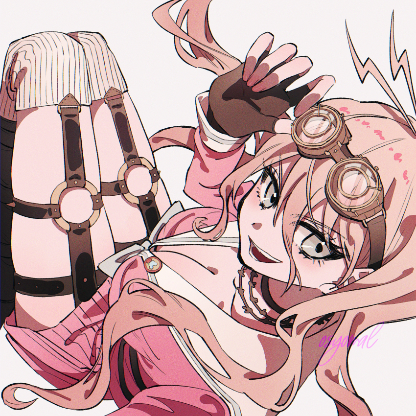 1girl adjusting_clothes adjusting_headwear antenna_hair barbed_wire belt blonde_hair blue_eyes breasts choker cleavage commentary danganronpa_(series) danganronpa_v3:_killing_harmony eyelashes fingerless_gloves from_behind gloves goggles goggles_on_head hair_between_eyes highres iruma_miu knees_up large_breasts light_blush long_hair long_sleeves looking_at_viewer looking_back multiple_belts no_dickey o-ring o-ring_belt open_mouth pink_serafuku pink_shirt school_uniform serafuku shimaya shirt skindentation skirt smile striped_clothes striped_thighhighs teeth thigh_belt thigh_strap thighhighs thighs vertical-striped_clothes vertical-striped_thighhighs very_long_hair wavy_hair white_background white_thighhighs