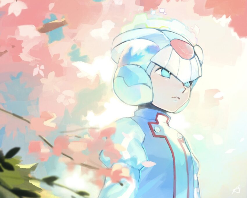 1boy blue_eyes blue_helmet blue_robe blurry blurry_background blurry_foreground cherry_blossoms cyber_elf_x_(mega_man) forehead_jewel halo helmet karen_(karenoni1031) male_focus mega_man_(series) mega_man_zero_(series) robe solo upper_body x_(mega_man)