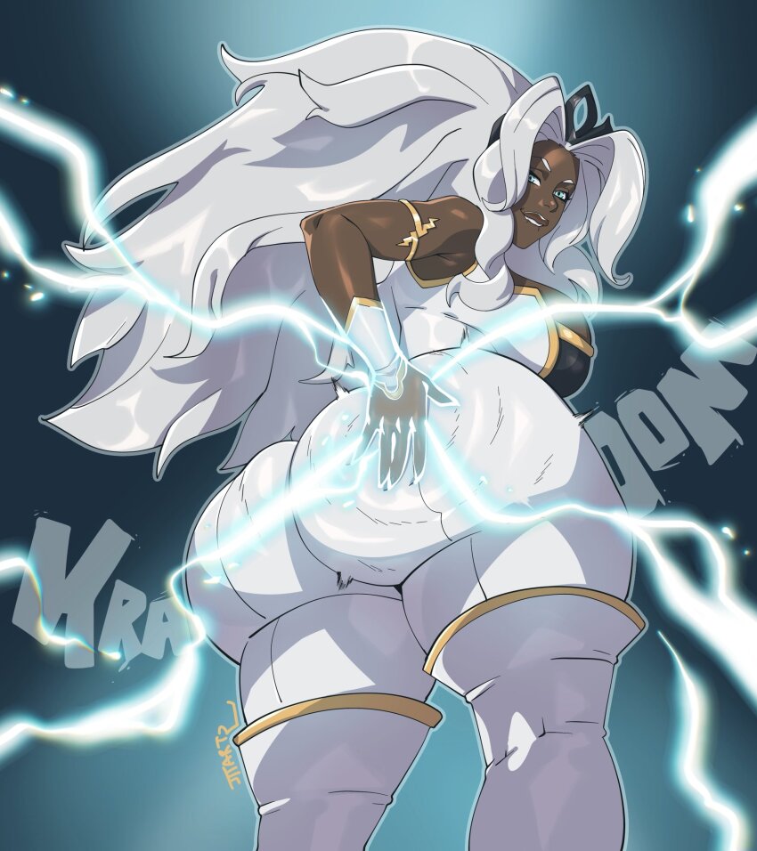 1girl animification armlet artist_name artzjtt ass ass_focus bare_shoulders biting_own_lip black_shirt blue_background blue_eyes boots breasts cleavage commentary cowboy_shot cropped_jacket dark-skinned_female dark_skin electricity electrokinesis energy english_commentary female_focus floating_hair glowing glowing_hand gold_trim gradient_background hair_ornament highres huge_ass huge_breasts jacket jewelry jiggle lightning_bolt_symbol long_hair looking_at_viewer marvel marvel_tokon:_fighting_souls naughty_face pants parted_bangs presenting shirt sideboob simple_background smile solo spanking storm_(x-men) thick_lips thick_thighs thigh_boots thighs vambraces very_dark_skin very_long_hair wavy_hair white_boots white_hair white_jacket white_pants x-men
