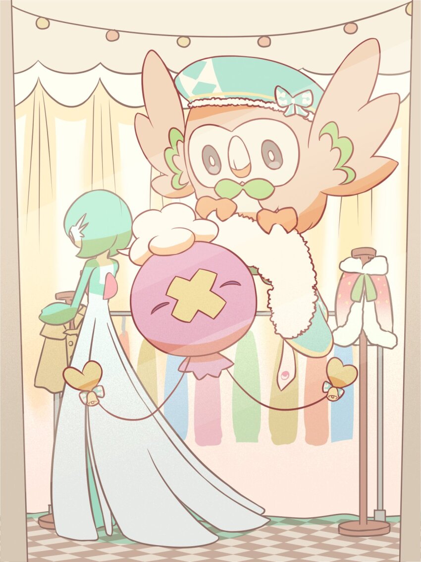 1other bell bird bright_pupils closed_eyes closed_mouth clothes_rack commentary_request creatures_(company) drifloon game_freak gardevoir gen_3_pokemon gen_4_pokemon gen_7_pokemon green_headwear grey_eyes hat highres holding indoors mokukitusui nintendo owl pokemon pokemon_(creature) rowlet standing unworn_capelet white_pupils