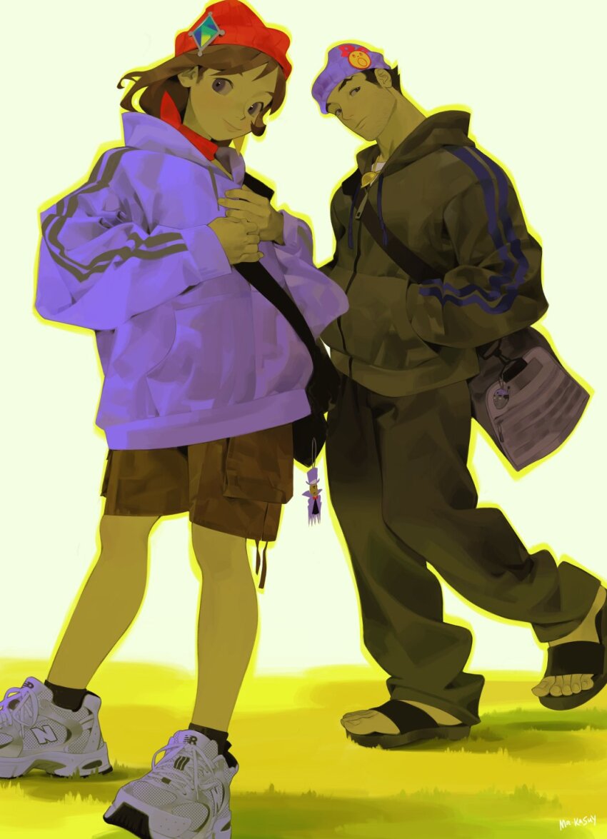 1boy 1girl ace_attorney bag bag_charm baggy_pants beanie blue_hat charm_(object) child diamond_(shape) duffel_bag father_and_daughter full_body gem green_gemstone hands_in_pocket hat highres hood hoodie light_smile mr_kasuy pants phoenix_wright red_hat red_scarf sandals scarf shoes shorts shoulder_bag simple_background sneakers trucy_wright