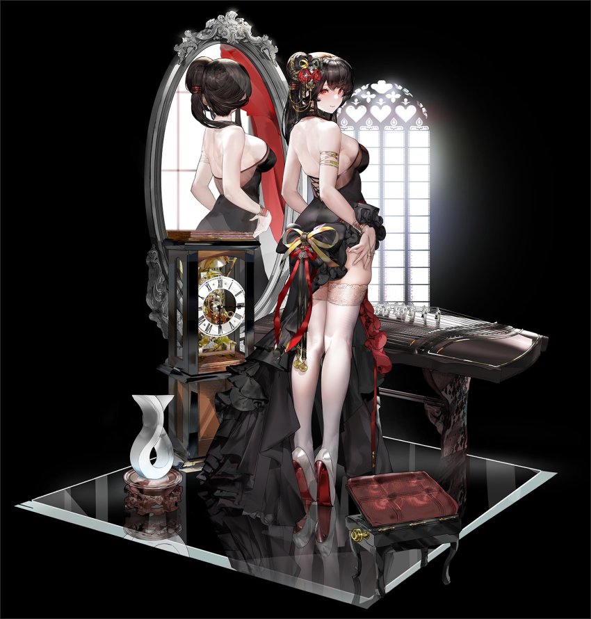 1girl armlet ass bare_shoulders black_dress black_hair bracelet breasts dress flower from_behind guzheng hair_flower hair_ornament hands_on_own_hips high_heels highres jewelry lace lace-trimmed_legwear lace_trim large_breasts long_dress looking_at_viewer mirror official_art red_eyes reflection reflective_floor standing tagme thighhighs white_footwear white_thighhighs x2:_eclipse xiaoluo_xl