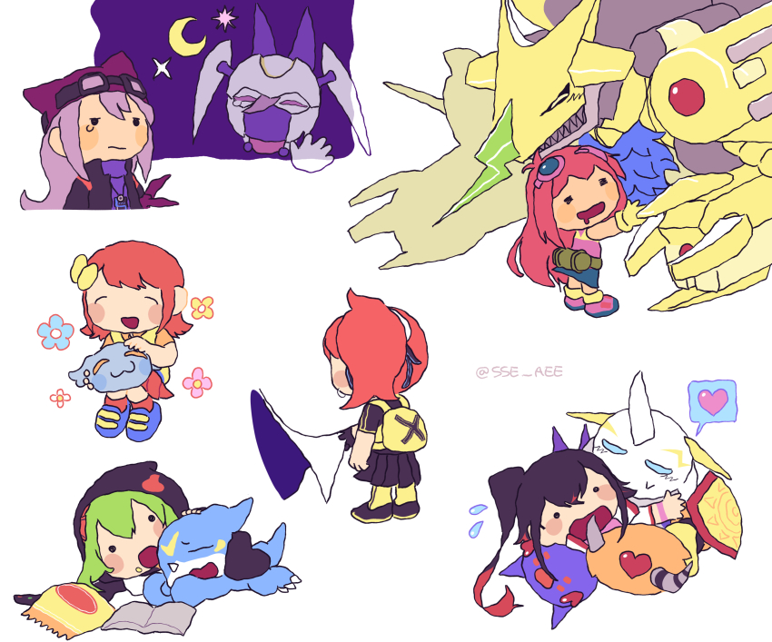 absurdres aegisdramon aiba_ami armor crescent_moon crests_(digimon) dianamon digimon digimon_(creature) female_protagonist_(digimon_story) goggles goggles_on_head hat heart highres horns kizuna_(digimon) long_hair mask moon omegamon purple_eyes purple_hair sayo_(digimon) shiki_(digimon_world_-next_0rder-) shinomiya_rina v-mon