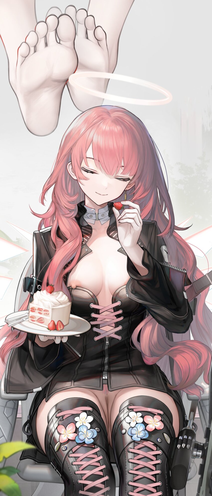 1girl absurdres areola_slip arknights barefoot black_bow black_dress black_jacket black_shorts black_thighhighs blue_flower boots bow breasts cake cake_slice closed_eyes closed_mouth collar colored_pubic_hair dress earrings energy_wings feet female_pubic_hair flower food footwear_flower fruit grey_background halo highres holding holding_plate jacket jewelry lemuen_(arknights) long_hair long_sleeves nipple_slip nipples nopetroto pink_flower pink_hair pink_pubic_hair plant plate pubic_hair pussy shorts simple_background single_earring sitting smile soles solo_focus strawberry thigh_boots thighhighs thighs toes uncensored white_collar white_flower wings