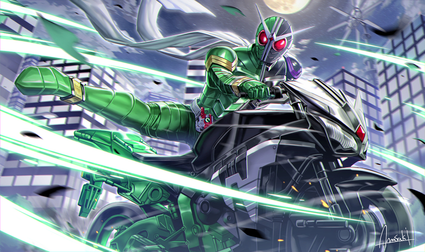 1boy amasaki_yusuke antennae armor belt black_armor cityscape double_driver fuuto_tantei gaia_memory glowing green_armor helmet kamen_rider kamen_rider_double kamen_rider_w kicking looking_at_viewer male_focus motor_vehicle motorcycle red_eyes rider_belt riding scarf signature solo tokusatsu white_scarf