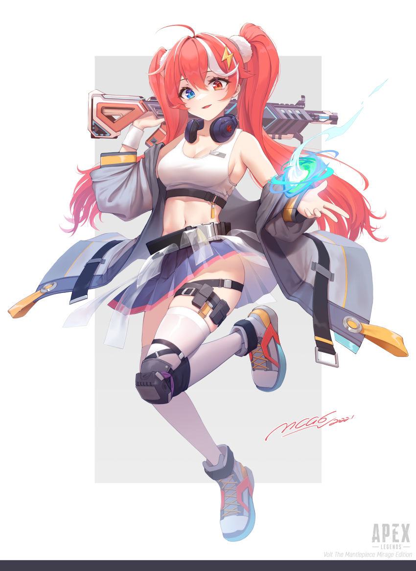 1girl absurdres ahoge apex_legends artist_name bare_shoulders blue_eyes breasts character_request cleavage commentary_request crop_top gun hair_between_eyes hair_ornament hand_up heterochromia highres holding holding_gun holding_weapon lightning_bolt lightning_bolt_hair_ornament lightning_bolt_symbol long_hair looking_at_viewer mcg6 medium_breasts midriff multicolored_hair navel off_shoulder parted_lips purple_skirt red_eyes red_hair shoes signature skindentation skirt smile sneakers solo sports_bra stomach streaked_hair thigh_strap thighhighs thighs twintails weapon white_hair