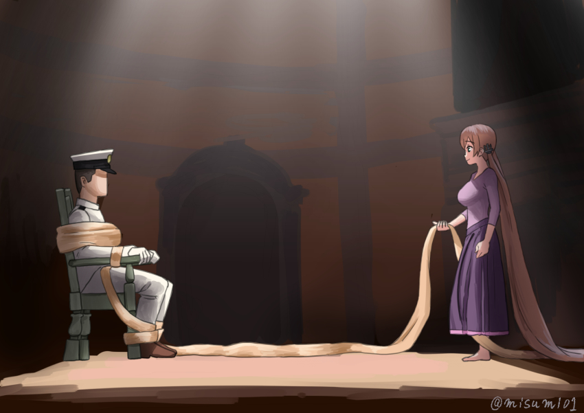 1boy 1girl absurdly_long_hair admiral_(kancolle) alternate_costume aqua_eyes armchair blonde_hair bound chair commentary_request cosplay faceless faceless_male gloves hat kantai_collection long_hair military military_hat military_uniform misumi_(niku-kyu) naval_uniform peaked_cap prinz_eugen_(kancolle) rapunzel_(disney)_(cosplay) sitting tangled twitter_username very_long_hair white_gloves white_headwear