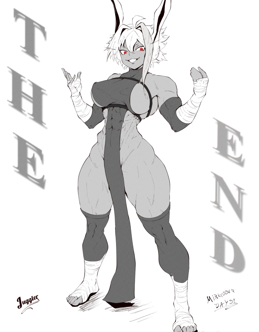 1girl abs absurdres bandaged_foot bandaged_hand bandages bare_shoulders boku_no_hero_academia breasts curvy dark-skinned_female dark_skin highres juggler_(sun_juggler) large_breasts marl_barrock mirko muscular muscular_female rabbit_girl red_eyes short_hair sideboob signature solo spiked_hair teeth tensei_colosseum:_saijaku_skill_de_saikyou_no_onna-tachi_wo_kouryaku_shite_dorei_harem_tsukurimasu thick_thighs thighs white_background
