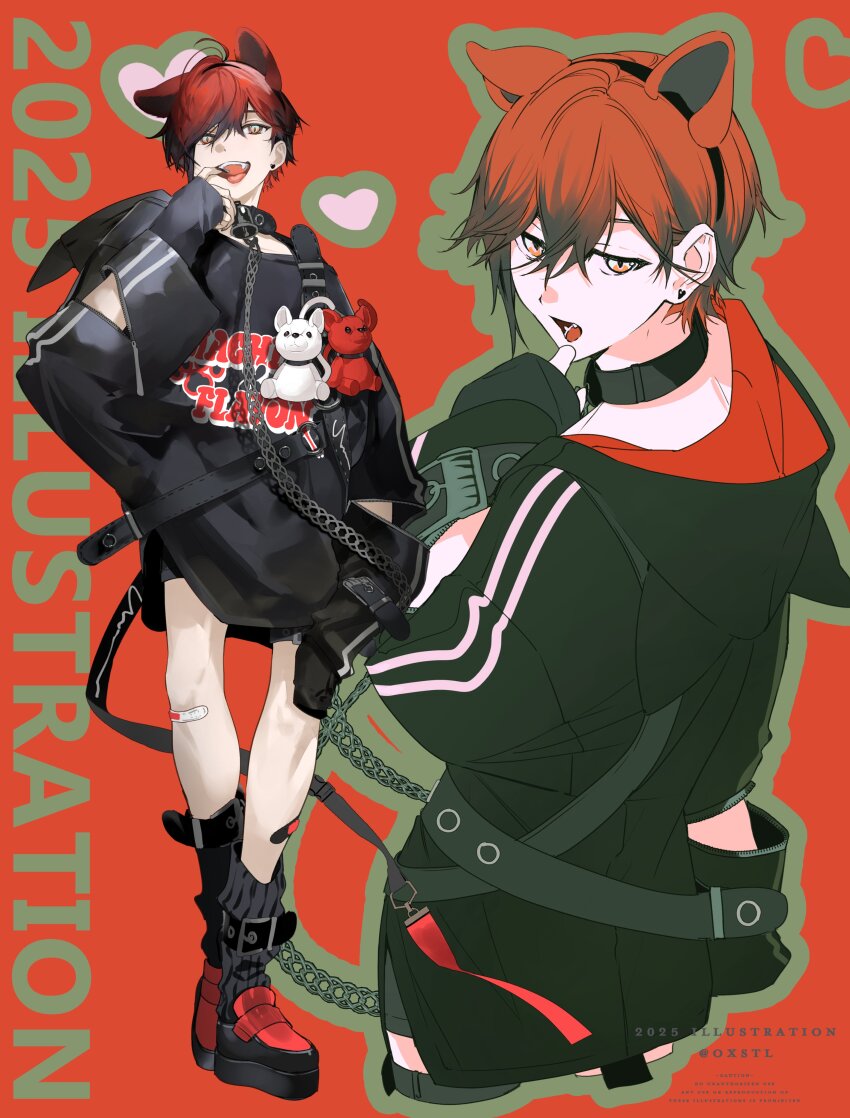 1boy 2025 absurdres ahoge alternate_costume animal_ears bandaid bandaid_on_knee bandaid_on_leg bell belt bishounen black_hair black_shorts cat_boy cat_ears choker commentary copyright_notice earrings fangs full_body grey_outline hair_between_eyes heart highres holostars holostars_english jewelry knees leash long_shirt long_sleeves looking_at_viewer machina_x_flayon male_focus multicolored_hair multiple_belts neck_bell o-ring_strap open_mouth orange_eyes outline platform_shoes red_background red_hair shokuen_(oxstl) short_hair shorts simple_background slit_pupils solo stud_earrings stuffed_animal stuffed_toy symbol-only_commentary virtual_youtuber