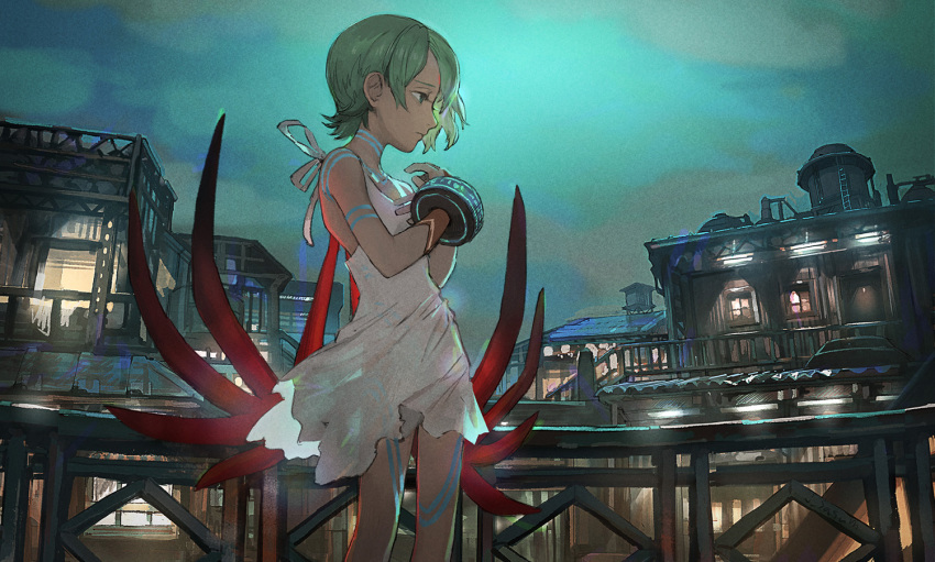 1girl bracelet breath_of_fire breath_of_fire_v building capcom closed_mouth dress facial_mark full-body_tattoo green_hair hair_over_one_eye jewelry nina_(breath_of_fire_v) red_wings sasumata_jirou see-through_clothes short_hair solo tattoo white_dress wings