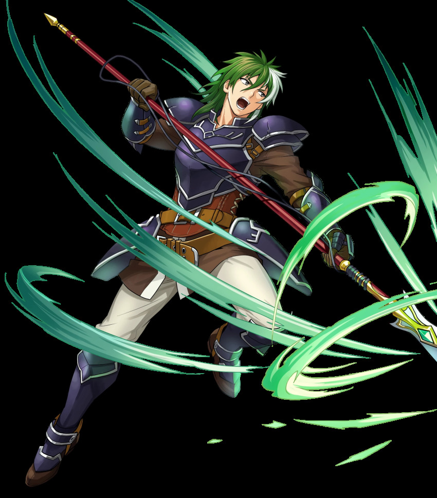 1boy armor belt boots fire_emblem fire_emblem:_the_blazing_blade fire_emblem_heroes full_body gloves green_eyes green_hair heath_(fire_emblem) highres long_hair male_focus multicolored_hair nintendo official_art open_mouth polearm solo spear teeth transparent_background two-tone_hair weapon white_hair