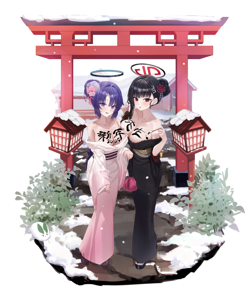 2girls absurdres alternate_costume alternate_hairstyle black_hair black_halo black_kimono blue_archive bright_pupils commentary_request hair_bun halo hido88 highres japanese_clothes kimono long_hair mechanical_halo multiple_girls purple_eyes purple_hair red_eyes rio_(blue_archive) translation_request white_kimono white_pupils yuuka_(blue_archive)