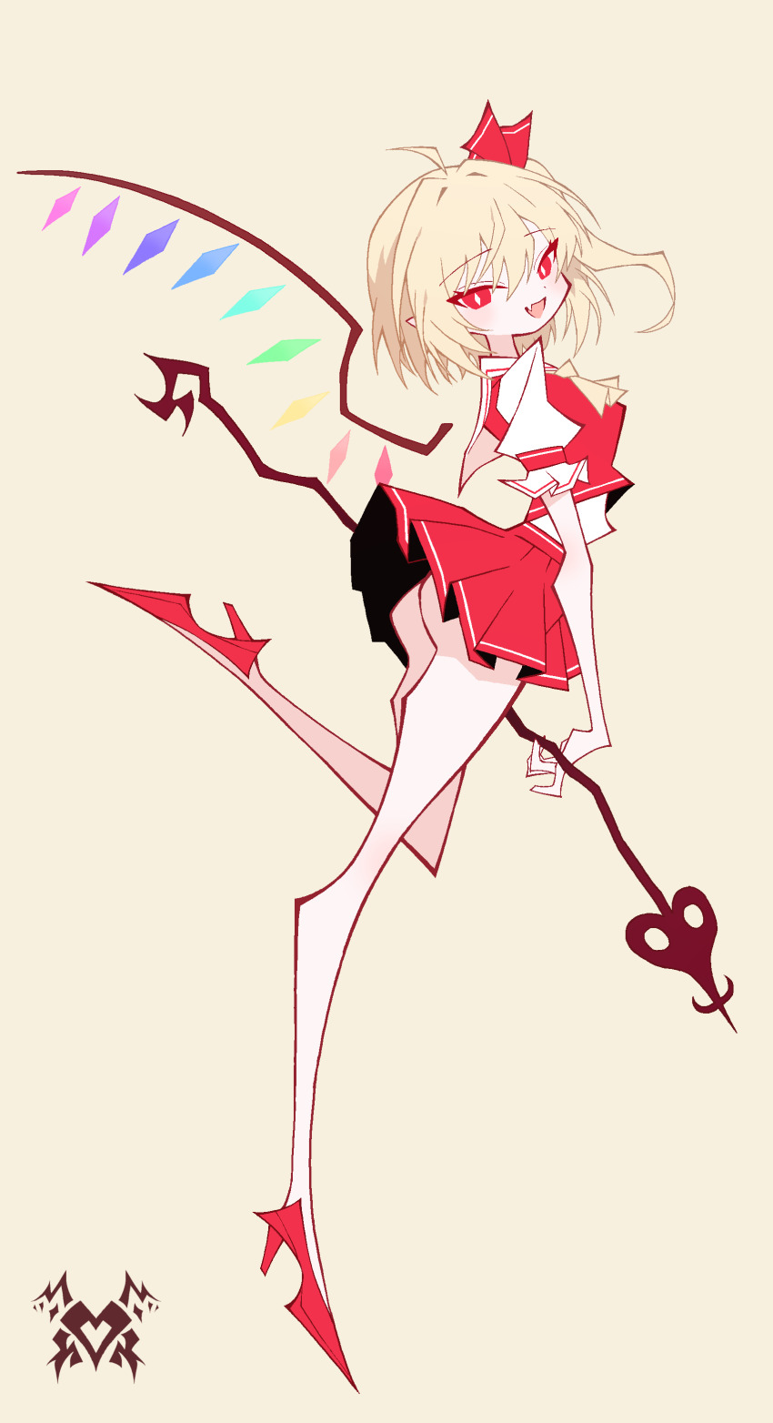1girl absurdres blonde_hair bow cocokana crystal_wings dress flandre_scarlet hat high_heels highres laevatein_(touhou) looking_at_viewer open_mouth red_eyes ribbon shirt short_hair skirt smile solo touhou wings