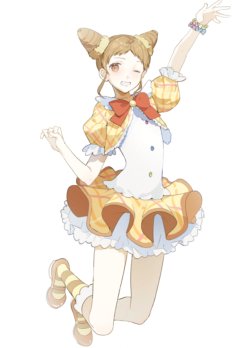 1girl absurdres aikatsu! aikatsu!_(series) arisugawa_otome arm_up bare_arms bead_bracelet beads blue_bow bow bowtie bracelet brooch brown_eyes brown_hair brown_ribbon buttons cardigan circle_skirt cone_hair_bun dot_nose double_bun eyelashes forehead frilled_sleeves frilled_socks frills full_body grin hair_bun hair_ornament hair_scrunchie happy highres idol jewelry jumping kneehighs layered_skirt leg_ribbon mary_janes miniskirt morgue_(southsakura) multicolored_buttons one_eye_closed orange_bow orange_bowtie orange_shoes plaid_cardigan plaid_clothes plaid_skirt pleated_skirt puffy_short_sleeves puffy_sleeves purple_bow ribbon scrunchie shirt shoes short_hair short_sleeves simple_background skirt smile socks solo white_background white_shirt white_skirt yellow_cardigan yellow_scrunchie yellow_skirt yellow_socks