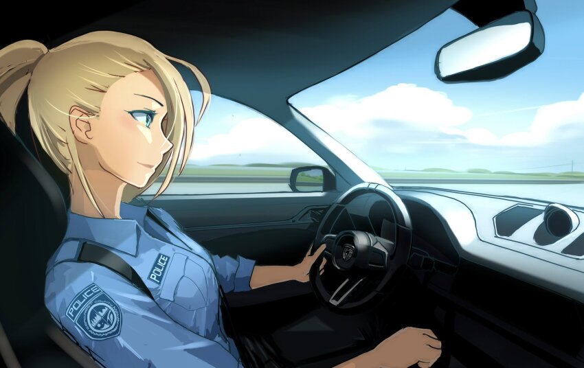 1girl 959_(8go8) blue_eyes breasts cloud collared_shirt driving from_side hair_behind_ear hair_over_one_eye highres need_for_speed need_for_speed:_hot_pursuit_(2010) original police police_uniform policewoman porsche shirt sky small_breasts smile solo vehicle_interior white_shirt