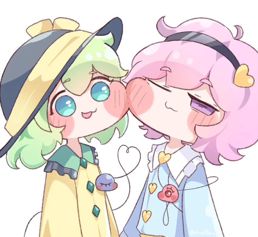 2girls 4rdilla :3 black_hairband black_hat blue_shirt blush buttons cheek-to-cheek cheek_squash chibi chibi_only collared_shirt commentary_request diamond_button frilled_shirt_collar frills green_hair hair_ornament hairband hat heads_together heart heart_button heart_hair_ornament heart_of_string highres komeiji_koishi komeiji_satori long_sleeves looking_at_viewer multiple_girls one_eye_closed open_mouth parody pink_hair purple_eyes shirt short_hair siblings simple_background sisters smile third_eye touhou trickcal upper_body white_background yellow_shirt