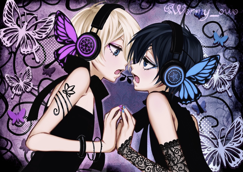 2boys alois_trancy alternate_costume androgynous blonde_hair blue_eyes bug butterfly ciel_phantomhive contemporary eyelashes fingernails headphones highres insect kuroshitsuji lace magnet_(vocaloid) male_focus multiple_boys open_mouth short_hair wormy_owo yaoi