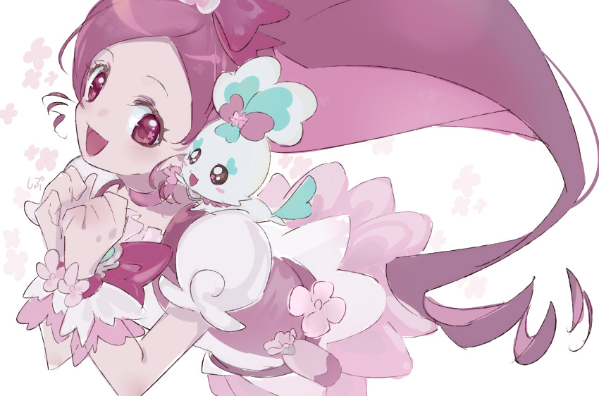 1girl 1other absurdres chypre_(heartcatch_precure!) commentary_request cure_blossom dress hair_ribbon hanasaki_tsubomi heartcatch_precure! highres looking_at_viewer magical_girl open_mouth pink_eyes pink_hair ponytail precure puffy_short_sleeves puffy_sleeves ribbon shipu_(gassyumaron) short_sleeves simple_background smile upper_body wrist_cuffs wrist_flower