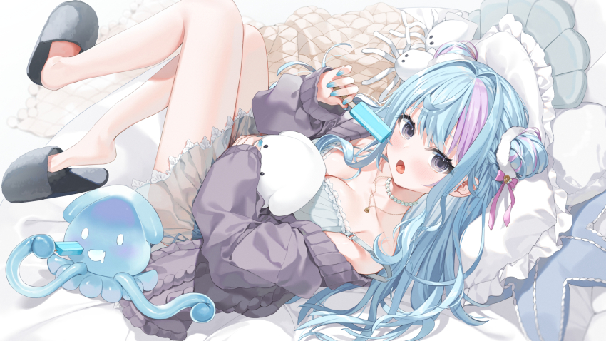 1girl :o black_slippers blue_dress blue_hair blue_nails blush breasts cardigan cleavage commentary double_bun dress food full_body grey_cardigan grey_eyes hair_bun highres holding holding_food holding_popsicle ikasumi_maika indie_virtual_youtuber jewelry large_breasts legs_up looking_at_viewer lying multicolored_hair necklace on_back open_mouth pearl_necklace pillow pink_hair popsicle slippers solo squid streaked_hair stuffed_squid thighs virtual_youtuber yana_mori