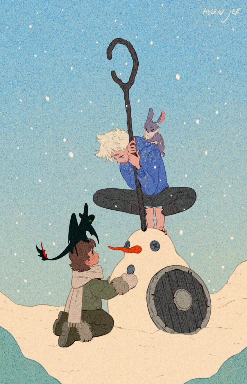 4boys animal_ears artist_name barefoot black_pants blue_sky blue_sweater brown_hair commentary dragon dragon_tail dragon_wings e._aster_bunnymund english_commentary green_sweater grey_scarf helen_jee hiccup_horrendous_haddock_iii highres holding holding_staff how_to_train_your_dragon_(series) jack_frost_(rise_of_the_guardians) looking_at_another multiple_boys on_head on_shoulder pants rabbit rabbit_ears rabbit_tail rise_of_the_guardians scarf sky snow snowing snowman staff sweater tail toothless white_hair wings