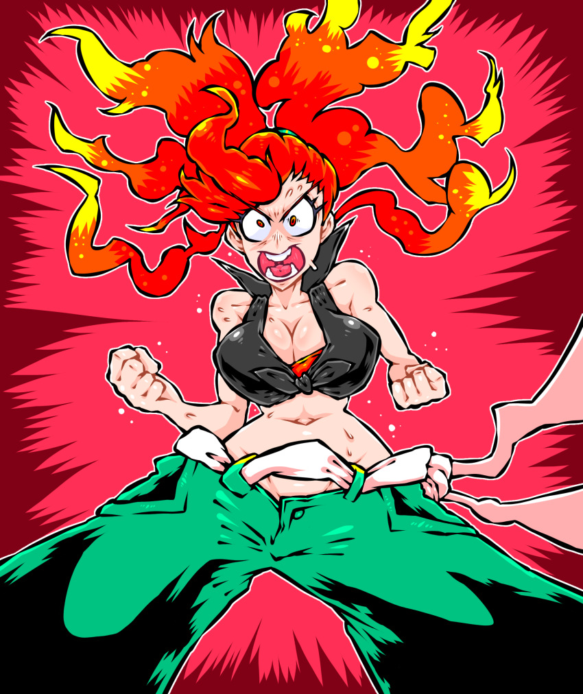 1girl absurdres bare_arms bare_shoulders bidul_(bidul72476120) breasts clenched_hands fiery_hair flannery_(pokemon) highres large_breasts looking_at_viewer midriff navel nintendo open_mouth pants pokemon pokemon_oras red_background red_eyes red_hair solo sweat sweatdrop