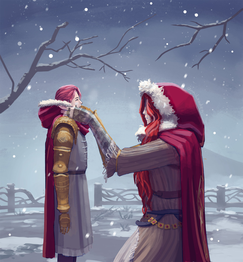 2girls amputee branch closed_eyes coat elden_ring fromsoftware height_difference highres long_hair malenia_blade_of_miquella millicent_(elden_ring) mother_and_daughter multiple_girls omnileaden ponytail prosthesis prosthetic_arm red_hair snow winter winter_clothes winter_coat winter_uniform