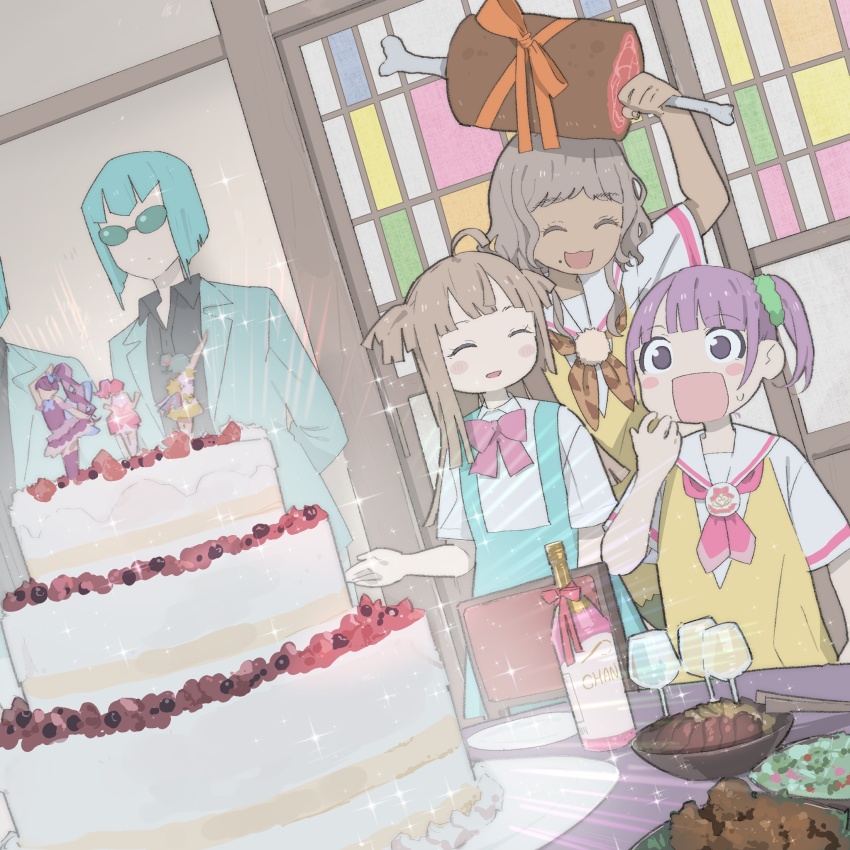 3girls ^_^ arm_up birthday_cake blue_hair blunt_bangs blush boned_meat bottle bowl brown_hair cake chicken_(food) closed_eyes collared_shirt commentary_request cup dark-skinned_female dark_skin dress drinking_glass facing_another food fried_chicken green_scrunchie hair_ornament hair_scrunchie hand_up highres indoors junon_(pripara) kanon_(pripara) kemura_(puripurinea) long_hair manaka_non manaka_non_(normal) meat multiple_girls neckerchief open_mouth paprika_private_academy_school_uniform people pink_neckerchief pinon_(pripara) plate pretty_series pripara purple_eyes sailor_collar salad school_uniform scrunchie shirt short_hair short_sleeves side_ponytail sliding_doors smile sparkle standing sunglasses surprised sweatdrop table taiyo_pepper tsukikawa_chili tsukikawa_chili_(normal) white_sailor_collar white_shirt yellow_dress