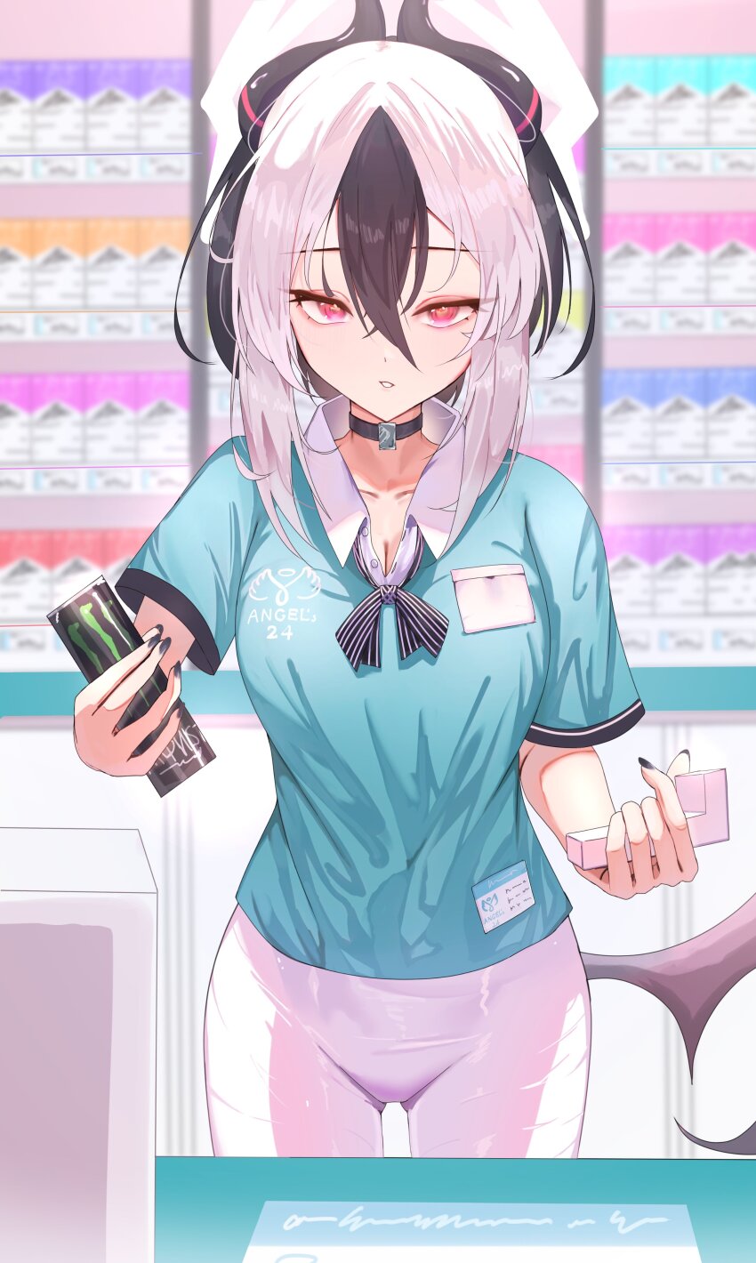 1girl absurdres barcode_scanner black_nails black_necktie blue_archive breasts can choker cleavage convenience_store demon_wings drink_can employee_uniform energy_drink halo highres horns jewelry kayoko_(blue_archive) low_wings monster_energy multicolored_hair mumu_(2arlcevpxn83807) necklace necktie pants pink_eyes shop single_wing soda_can solo tight_clothes tight_pants two-tone_hair white_pants wings