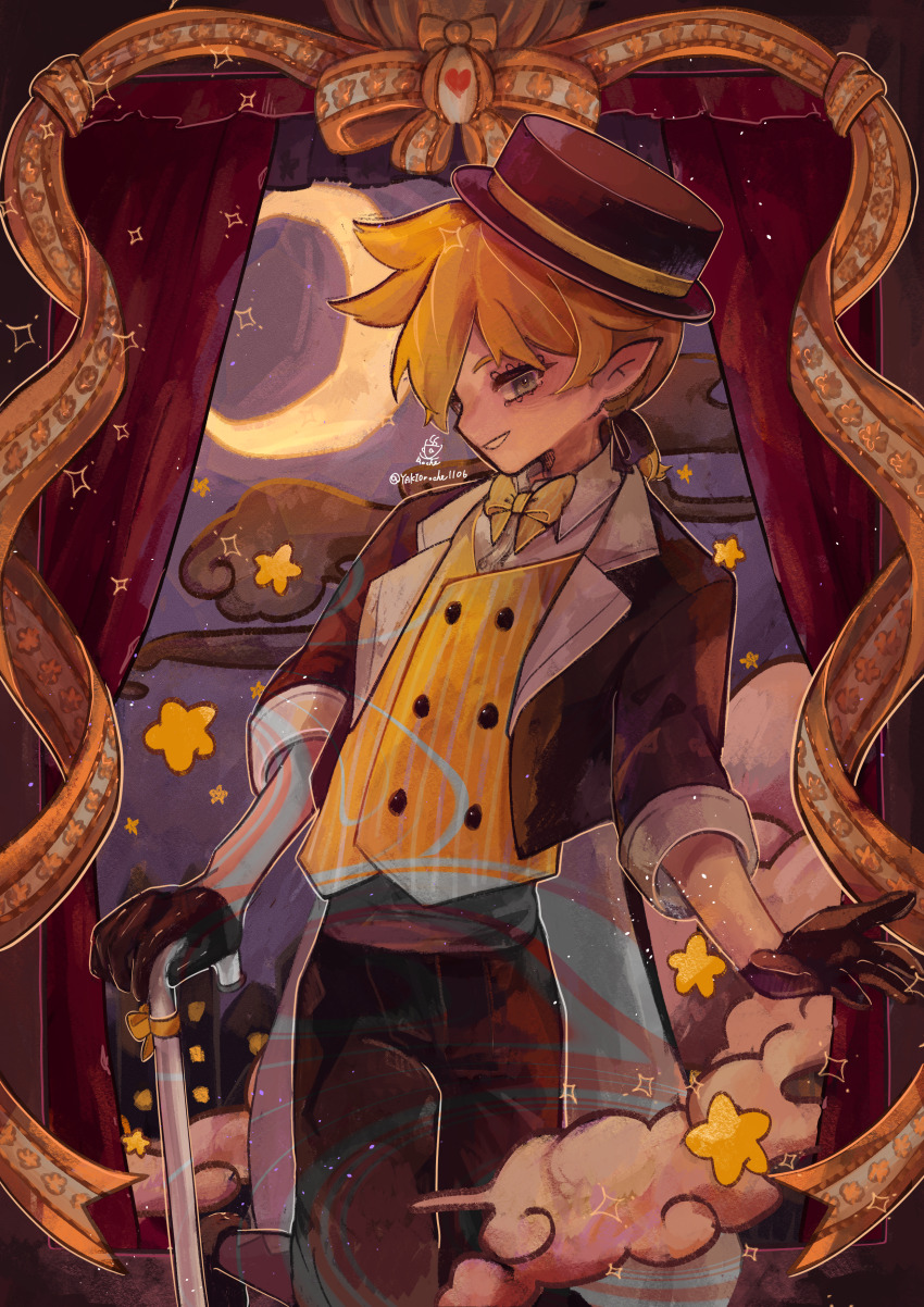 1boy absurdres black_gloves black_hat black_jacket blazer blonde_hair bow bowtie cane cloud dress_shirt gloves green_eyes grin hat highres holding holding_cane jacket kagamine_len male_focus night night_sky open_mouth pointy_ears red_curtains shirt short_hair sky sleeves_rolled_up smile solo star_(symbol) striped_clothes striped_vest kagamine_len_(tricker) twitter_username vertical-striped_clothes vertical-striped_vest vest vocaloid white_shirt yakiorochie1106 yellow_bow yellow_vest yumekui_shirokuro_baku_(vocaloid)