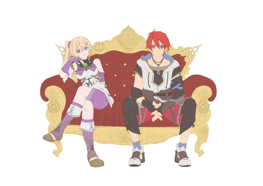 1boy 1girl absurdres adol_christin bare_shoulders blonde_hair boots couch crossed_legs detached_sleeves double-parted_bangs green_eyes grey_eyes hair_between_eyes highres hood hood_down hoodie jewelry karja_balta konohanaillust long_hair looking_at_viewer pendant red_hair shoes short_hair side_ponytail simple_background sitting smile sneakers white_background ys ys_x:_nordics