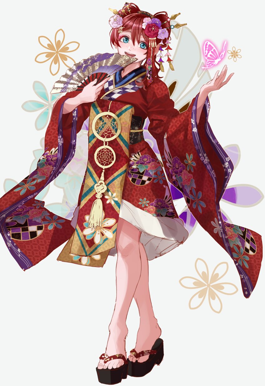 1girl absurdres aion_no_uta_(love_live!) blue_eyes bug butterfly emma_verde flower folding_fan freckles full_body grey_background hair_flower hair_ornament hand_fan highres holding holding_fan insect japanese_clothes kanzashi kimono looking_at_viewer love_live! love_live!_nijigasaki_high_school_idol_club monowe obi official_alternate_costume official_alternate_hairstyle open_mouth red_hair red_kimono sash smile solo wide_sleeves