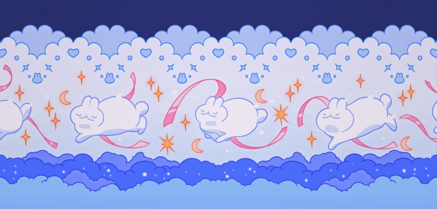 ^_^ absurdres animal animal_focus blue_background blue_clouds closed_eyes closed_mouth cloud commentary crescent english_commentary full_body glowing heart highres lace meyoco no_humans original pastel_colors pink_ribbon rabbit rabbit_symbol ribbon running smile sparkle star_(symbol) u_u white_rabbit_(animal)