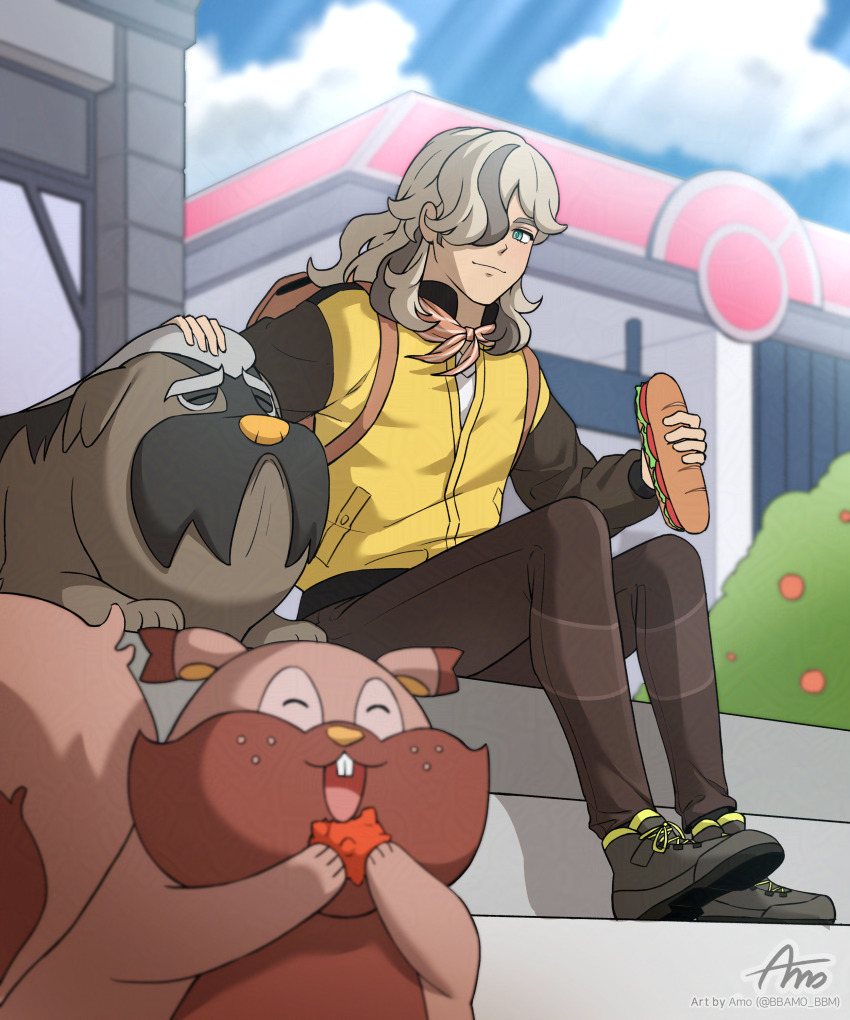 1boy absurdres alternate_costume amo_(bbamo_bbm) arven_(pokemon) backpack bag berry_(pokemon) bow bowtie brown_bag brown_hair brown_pants building bush closed_mouth cloud commentary_request day eating food gen_8_pokemon greedent green_eyes hair_over_one_eye highres holding holding_food jacket looking_down mabosstiff male_focus nintendo outdoors pants petting pokemon pokemon_(creature) pokemon_sv sandwich shoes sitting sky smile stairs tamato_berry yellow_jacket