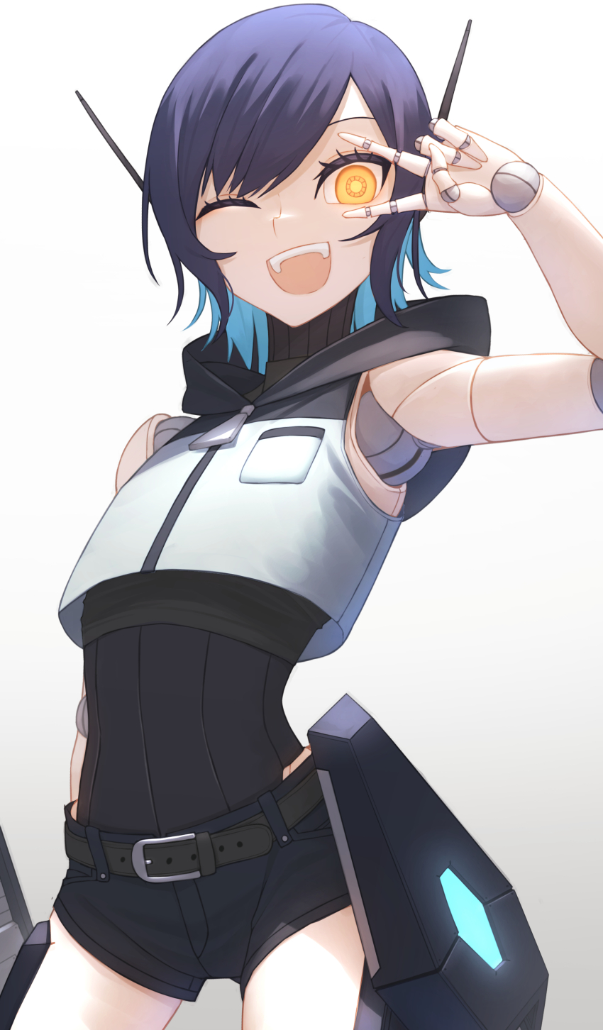 1girl :d absurdres belt blue_hair colored_inner_hair commentary crop_top flat_chest gradient_background grey_background highres hood hood_down hoodie hoshi_shimeji_(yuki-e-toriusu1) joints looking_at_viewer multicolored_hair one_eye_closed open_mouth original robot_girl robot_joints short_hair shorts smile solo teeth two-tone_background two-tone_hair upper_teeth_only v white_background