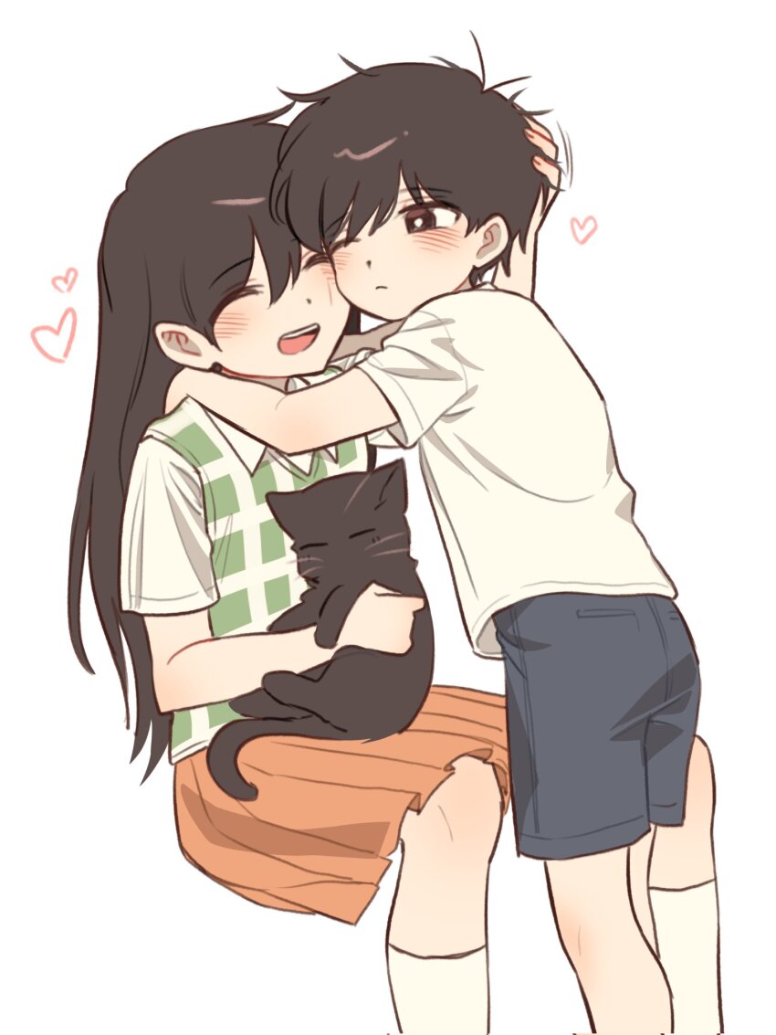 1boy 1girl :d ^_^ affectionate aged_down animal animal_on_lap antenna_hair black_cat black_eyes black_hair blue_shorts blush bright_pupils brother_and_sister brown_skirt cat cat_on_lap cheek-to-cheek child closed_eyes closed_mouth collared_shirt double-parted_bangs face-to-face facing_another feet_out_of_frame green_sweater_vest hair_behind_ear hair_between_eyes hand_on_another&#039;s_head heads_together heart highres hug invisible_chair iomor_snuuy kneehighs long_hair looking_at_another mari_(faraway)_(omori) mari_(omori) medium_skirt mewo omori on_lap open_mouth pleated_skirt shirt short_hair short_sleeves shorts siblings simple_background sitting skirt smile socks standing sunny_(omori) sweater_vest swept_bangs t-shirt teeth tongue two-tone_sweater_vest upper_teeth_only very_long_hair very_short_hair white_background white_pupils white_shirt white_socks white_sweater_vest