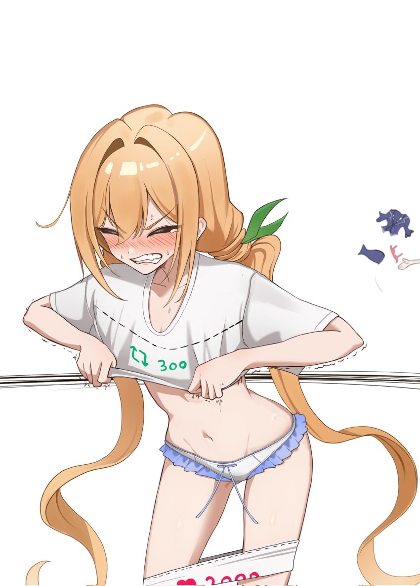2girls bare_legs blonde_hair blush commentary cowboy_shot cut-here_line embarrassed female_focus green_ribbon hair_between_eyes hair_intakes hair_ribbon hanazono_hahari hands_up highres inda_karane kimi_no_koto_ga_dai_dai_dai_dai_daisuki_na_100-nin_no_kanojo like_and_retweet long_hair low_twintails multiple_girls navel no_pants open_mouth oversized_clothes oversized_shirt ribbon scissors shirt simple_background solo_focus t-shirt ten_hwang2 twintails twitter_cutting_game very_long_hair white_background white_shirt yellow_eyes