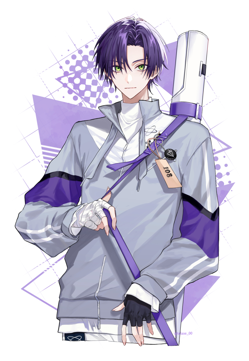 1boy absurdres alase_00 bandaged_hand bandages black_gloves closed_mouth cowboy_shot fingerless_gloves gloves green_eyes grey_jacket highres holding_strap jacket kenmochi_touya long_sleeves looking_at_viewer male_focus nijisanji parted_bangs purple_hair short_hair simple_background solo turtleneck virtual_youtuber white_background
