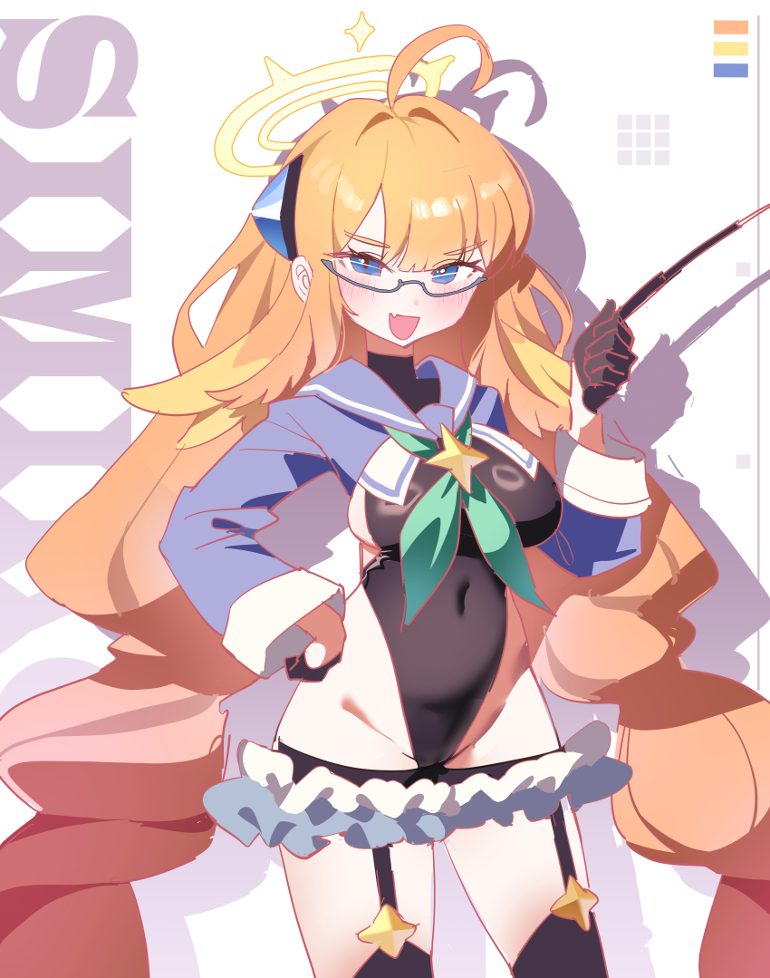 1girl absurdres ahoge black_leotard blue_archive blue_shrug braid braided_twintails covered_navel fang feather_hair feathers gloves half_gloves halo hand_on_own_hip highres holding holding_riding_crop leotard long_hair looking_at_viewer low_twin_braids moori333 official_alternate_costume orange_hair riding_crop shimiko_(blue_archive) shimiko_(magical)_(blue_archive) shrug_(clothing) skin_fang smile solo super_highleg twin_braids yellow_feathers yellow_halo