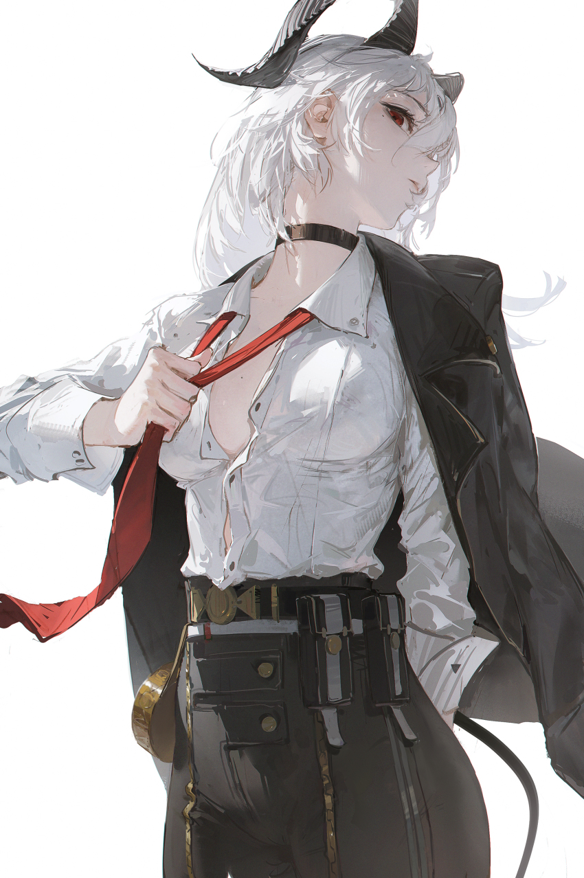 1girl absurdres black_choker black_horns black_jacket black_pants black_tail breasts choker clothes_grab collared_shirt commentary cowboy_shot curled_horns dino_(dinoartforame) high-waist_pants highres horns jacket long_hair looking_at_viewer medium_breasts necktie necktie_grab neckwear_grab pants parted_lips partially_unbuttoned red_eyes red_necktie shirt shirt_tucked_in simple_background solo white_background white_hair white_shirt wuthering_waves zani_(wuthering_waves)
