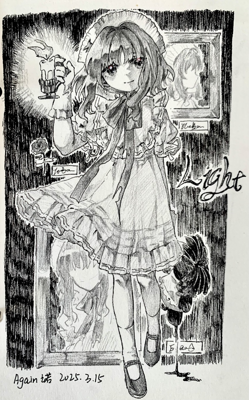 1girl absurdres again_nuo artist_name bow candle candlelight chin_strap closed_mouth dated doll dress eagle_(reverse:1999) english_text frilled_dress frilled_hairband frills full_body gloves graphite_(medium) greyscale hairband hand_up highres holding holding_candle holding_doll looking_at_viewer medium_dress monochrome official_alternate_costume picture_frame puffy_short_sleeves puffy_sleeves reverse:1999 short_hair short_sleeves signature smile solo traditional_media