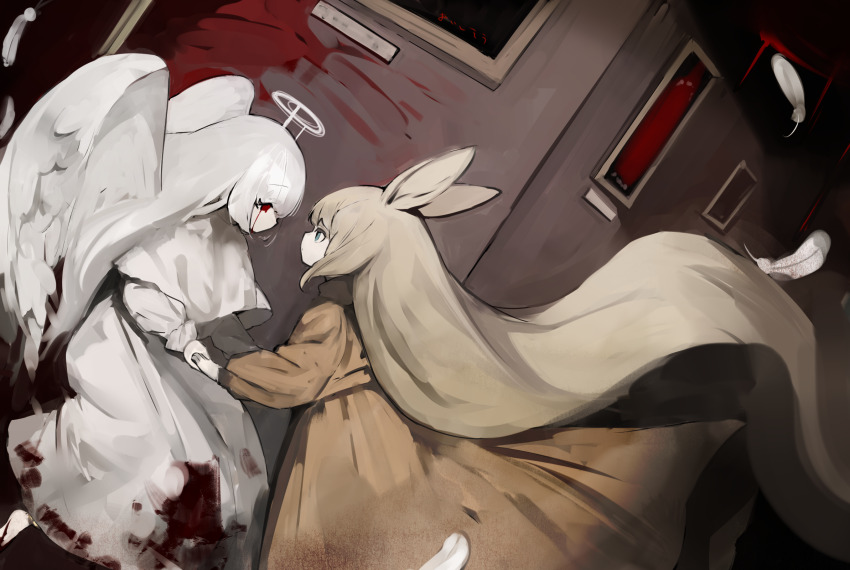 2girls angel angel_wings animal_ears blonde_hair blood blood_on_clothes bloody_tears brown_dress commentary dress face-to-face feathered_wings feathers halo highres holding_hands long_hair looking_at_another multiple_girls original rabbit_ears rabbit_girl shirokujira very_long_hair white_dress white_hair wings