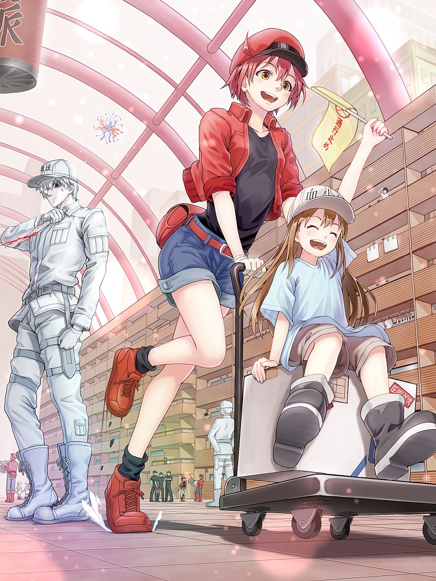 10s ^_^ absurdres ae-3803 arm_up belt black_eyes black_footwear black_legwear black_shirt blood blouse blue_shirt blue_shorts boots box building newsboy_cap cardboard_box character_request closed_eyes commentary_request cropped_jacket denim denim_shorts flag flat_cap gloves hat hataraku_saibou highres jacket killer_t_(hataraku_saibou) light_brown_hair long_hair macha0331 multiple_boys multiple_girls open_clothes open_jacket package pale_skin pants platelet_(hataraku_saibou) platform_truck pneumococcus_(hataraku_saibou) red_bag red_belt red_blood_cell_(hataraku_saibou) red_footwear red_hair red_hat red_jacket shirt shoes short_hair short_sleeves shorts sitting sitting_on_object smile sneakers socks u-1146 white_blood_cell_(hataraku_saibou) white_footwear white_gloves white_hair white_hat white_pants white_shirt yellow_eyes