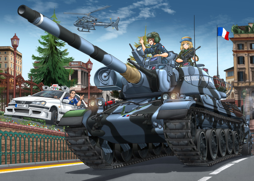 1boy 2girls ;) absurdres aircraft amx_30b2_brenus assault_rifle black_gloves blonde_hair blue_jacket blue_shirt blue_sky brown_hair building bullpup camouflage camouflage_jacket car caterpillar_tracks closed_eyes cloud commentary_request daniel_morales day eurocopter_fennec famas flag flag_on_vehicle flagpole france french_army french_flag gloves goggles goggles_on_headwear green_headwear green_jacket gun hat headpiece helicopter helmet highres holding holding_gun holding_weapon jacket kepi lamppost left-hand_drive license_plate microphone mikeran_(mikelan) military_combat_uniform military_hat military_jacket military_uniform military_vehicle motor_vehicle multiple_girls one_eye_closed open_mouth original outdoors peugeot peugeot_406 radio_antenna rifle road roundel shirt sky sleeves_rolled_up smile soldier street sweatdrop tank tank_helmet tank_turret taxi taxi_(series) tree trigger_discipline v vehicle_focus weapon white_car