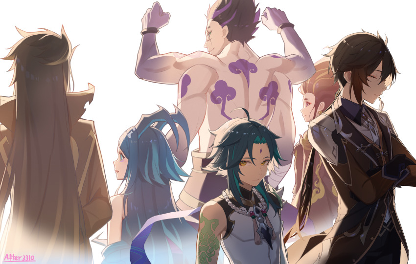 2girls 4boys absurdres after3310 ahoge aqua_hair arm_tattoo arms_up artist_name back_tattoo bandaged_arm bandages bead_necklace beads black_gloves blue_eyes blue_hair bonanus_(genshin_impact) bosacius_(genshin_impact) brown_hair brown_jacket brown_shirt brown_vest closed_eyes closed_mouth collared_shirt commentary crossed_arms earrings extra_arms facial_mark facing_away fiery_hair forehead_mark genshin_impact gloves green_eyes green_hair hair_between_eyes highres horns indarias_(genshin_impact) jacket jewelry long_hair long_sleeves looking_at_viewer low_ponytail menogias_(genshin_impact) multicolored_hair multiple_boys multiple_girls necklace necktie open_mouth parted_bangs ponytail profile purple_hair red_hair scar scar_across_eye scar_on_face shirt short_hair short_hair_with_long_locks shoulder_spikes sidelocks simple_background single_earring sleeveless sleeveless_shirt smile smirk spiked_hair spikes streaked_hair tassel tassel_earrings tattoo upper_body very_long_hair vest white_background white_necktie white_shirt xiao_(genshin_impact) yellow_eyes zhongli_(genshin_impact)