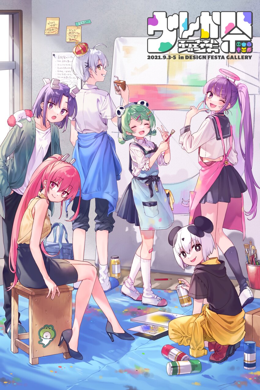 3girls 3others :p absurdres ambiguous_gender androgynous apron bag black_choker black_eyes black_footwear black_headwear black_pants black_shirt black_skirt blue_footwear blue_jacket bucket can character_request choker closed_mouth clothes_around_waist collared_shirt copyright_request creature creature_on_shoulder cross cross_earrings crown drinking_straw earrings facing_viewer fake_halo green_jacket grin hair_ornament hairclip halo hat hat_ornament headgear high_heels highres holding holding_brush holding_can hood hood_down hooded_shirt indie_virtual_youtuber indoors jacket jacket_around_waist jewelry juice_box long_hair long_sleeves looking_at_viewer medium_hair mini_crown multiple_girls multiple_others on_shoulder open_clothes open_jacket open_mouth pants pants_rolled_up pencil_skirt pink_apron pink_eyes pink_hair pleated_skirt ponytail purple_eyes purple_hair red_footwear saeki_yahiro saekiyahiro sailor_collar school_bag school_uniform shirt shoes short_hair sitting skirt skull_hat_ornament sleeveless sleeveless_shirt slippers smile socks spray_can squatting standing tongue tongue_out uwabaki virtual_youtuber white_hair white_shirt white_socks yellow_eyes yellow_shirt
