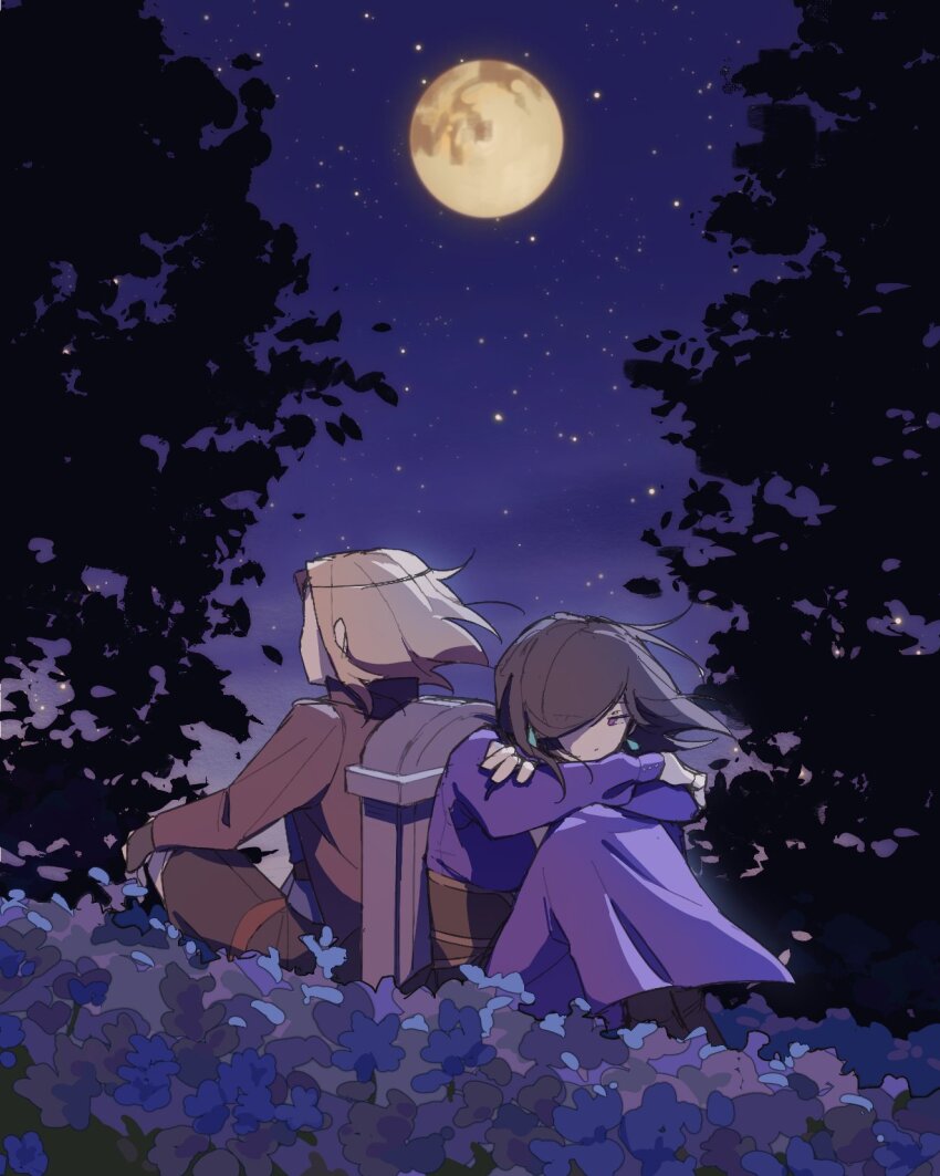 alu30534840 back-to-back black_hair brown_hair character_request chinese_commentary commentary_request crossed_arms field flower flower_field full_moon highres long_hair moon night night_sky octopath_traveler octopath_traveler_ii purple_flower purple_sky sitting sky star_(sky) throne_anguis tombstone yellow_moon