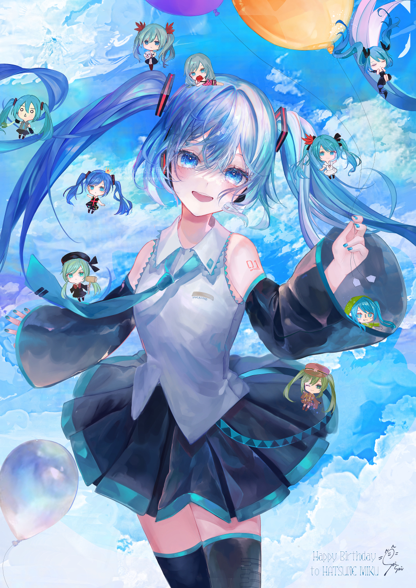 1girl :d absurdres annotated balloon bare_shoulders belt black_skirt black_sleeves black_thighhighs blue_eyes blue_hair blue_nails blue_necktie blue_sky blush character_name cloud cloudy_sky collared_shirt cowboy_shot day detached_sleeves floating_hair frilled_shirt frills hair_between_eyes hands_up happy_birthday hatsune_miku hatsune_miku_(ichi_no_sakura_oka) hatsune_miku_(supreme) head_tilt highres ievan_polkka_(vocaloid) karakuri_pierrot_(vocaloid) kimagure_mercy_(vocaloid) legs_together long_hair long_sleeves looking_at_viewer loose_belt matryoshka_(vocaloid) miniskirt nail_polish necktie number_tattoo open_mouth outdoors outstretched_arms pleated_skirt ren&#039;ai_saiban_(vocaloid) romeo_to_cinderella_(vocaloid) seisaiminty senbonzakura_(vocaloid) shinkai_shoujo_(vocaloid) shirt skirt sky sleeveless sleeveless_shirt smile solo songover tattoo teeth thighhighs tie_clip twintails upper_teeth_only very_long_hair vocaloid watermark white_shirt world_is_mine_(vocaloid) zettai_ryouiki